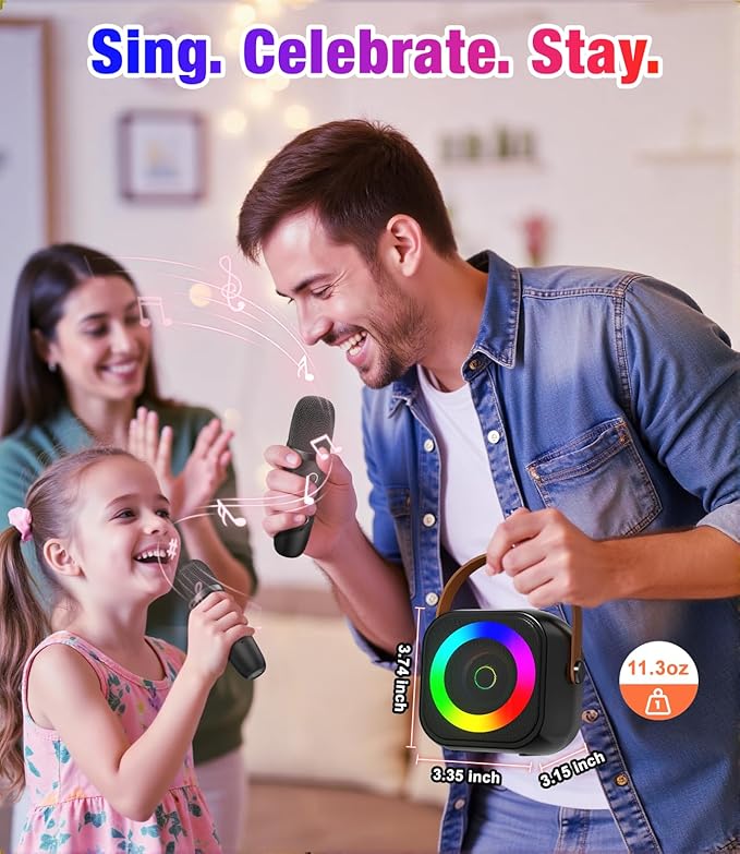 Mini Karaoke Machine, Portable Bluetooth Speaker with 2 Wireless Microphones for Kids & Adults, Karaoke Microphone with LED Lights, Gifts for Girls & Boys