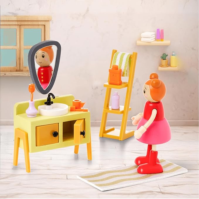 Giant bean 37pcs Green Wooden Plastic Dollhouse Furniture Kitchen and Bathroom Set, Modern Wood Dollhouse Accessories Pretend Play Furniture Christmas Toys for Boys Girls Toddlers & Kids 3+