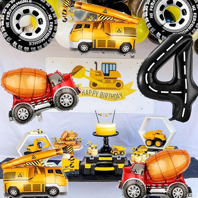 Construction Balloons 4rd Birthday Decorations for Boys 40inch Number 4 Balloons Truck Foil Balloon for Construction Birthday Party Decorations Supplies