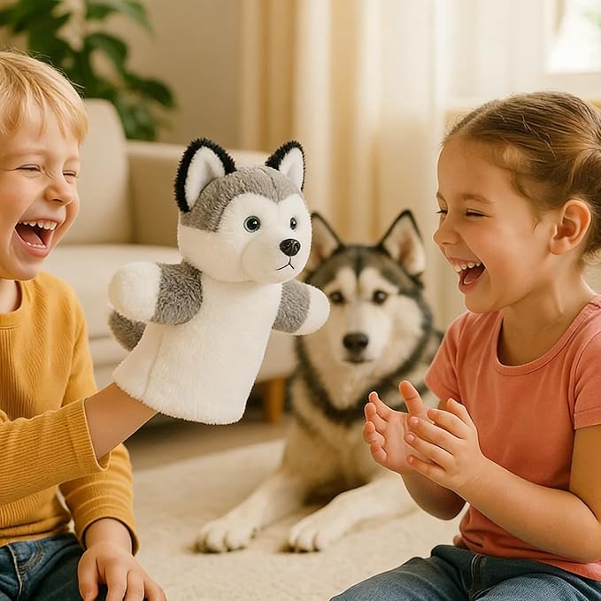 Puppy Hand Puppet Soft Plush Animal Toy No-Shedding Plush Dog Interactive Pretend Play Storytelling Classroom Educational Gift for Children Boys Girls Husky