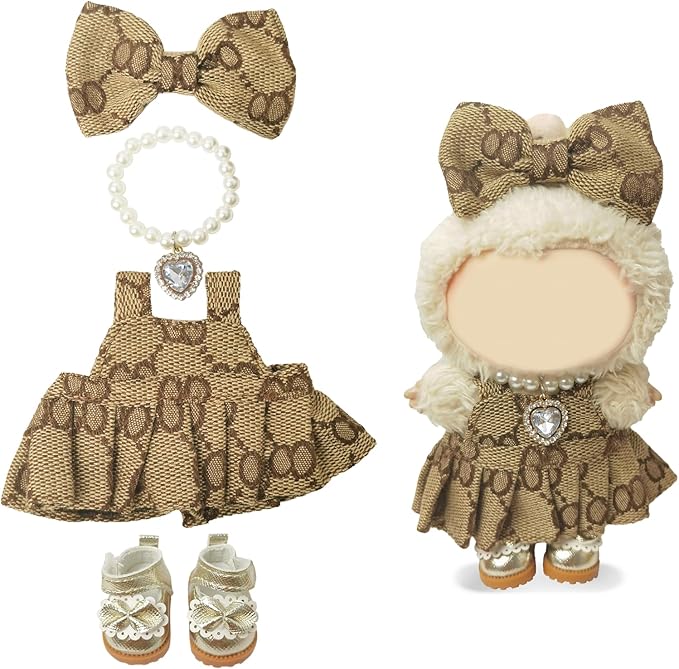 Clothes Compatible with LABUBU Doll - 4PCS Classic Set, 17cm Doll Clothes Designer Outfit for Elegant Vintage Theme, Stylish Luxury Accessories for Labubu, No Doll (Mocha Pearl Classic)