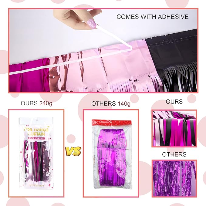 LOLStar 3 Pack Cartoon Mouse Birthday Party Supplies,3.3x6.6 ft Black Pink Fuchsia Tinsel Foil Fringe Curtains,Cartoon Mouse Photo Booth Prop Streamer Backdrop, Kawaii Party Decoration for Girls Baby