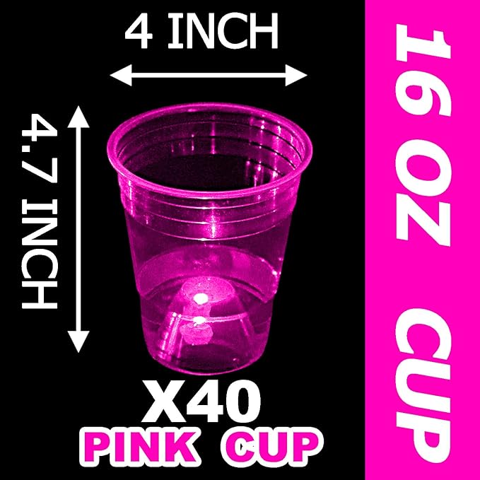 Glow in The Dark Pink Party Cups 40 Pack (16 oz) - LED Light Up Plastic Cups for Princess Parties Baby Showers Bridal Decorations, Reusable Rose Gold Glow Cups for Weddings, Tea Parties & Girls Night
