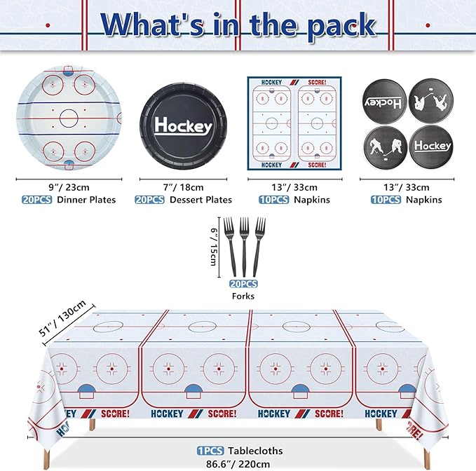 Hockey Birthday Decorations - 81Pcs Ice Hockey Tableware, Disposable Hockey Theme Plates, Napkins, Tablecloth for Kids Fans Sports Hockey Birthday Party Supplies, Serve 20
