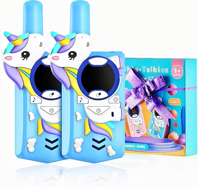 Unicorn Kids Walkie Talkies Rechargeable, 2 Miles Range 3 Channels 2 Way Radio, Birthday Gifts for Boys Girls,Family Games Outdoor Hiking Camping,3-12 Years Old Toys (Blue)