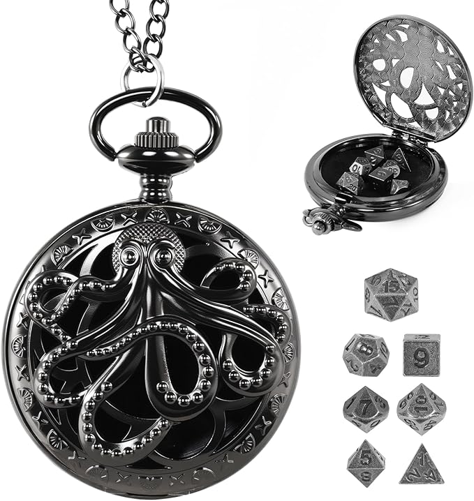 D&D Dice Set,7PCS Metal Dice for Dungeons and Dragons,Mini Dice Set with Pocket Watch Case,Role Playing Board Games Accessories (Octopus, Black)