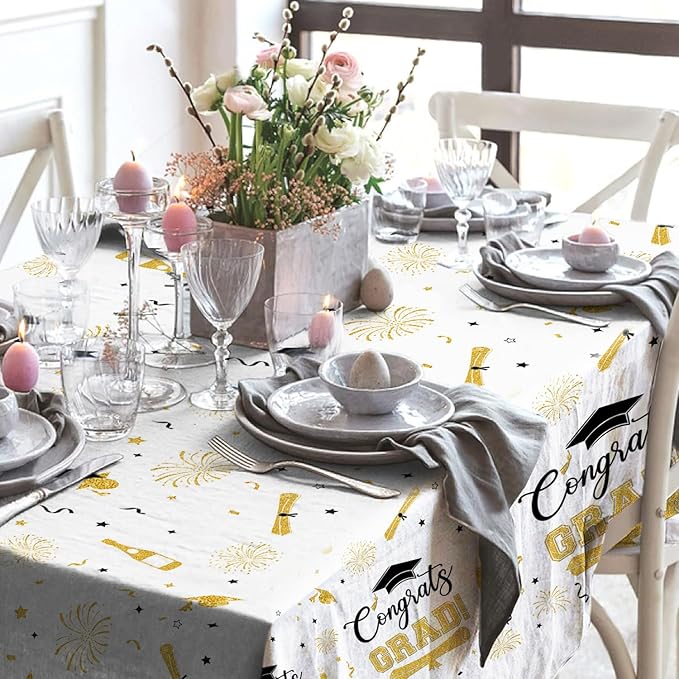 3 Pcs Graduation Tablecloth Decorations White Gold Congrats Grad Disposable Table Cover Class of 2026 Graduation Plastic Tablecloth Table Cover Decorations 108 x 54 Inch