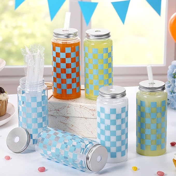 Patelai 12 Pack Light Blue Gingham Cups 13.5 oz Clear Blue Checkered Plastic Cups with Lid and Straw Reusable Plastic Plaid Tumbler for Baby Shower Wedding Birthday Bachelor Party Supplies