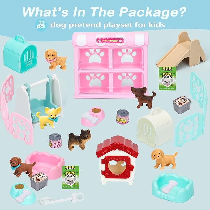 SweetAce 32Pcs Dog Toys for Kids Pretend Play Dog Figures Playset Toddlers Toy Interactive Puppy Role Play Set Realistic Dogs Care Center Birthday Gifts for 3 4 5 6+ Year Old Girls and Boys