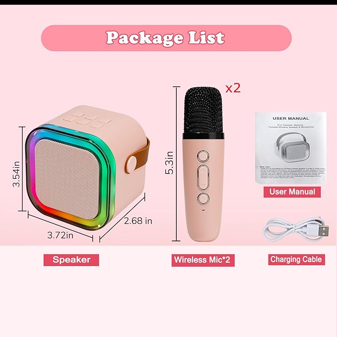 Mini Karaoke Speaker with 2 Wireless Microphones,Voice Effects,Led Lights, Portable Singing Machine for Ages 3,4,5,6,7,8,9,10,11,12+ Years Old Girl Birthday Gift, Kids Karaoke Machine (Pink)