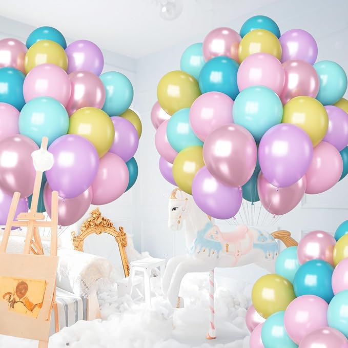 Pastel Balloons 60 Pcs Metallic Pink Purple Teal Blue Yellow Multicolor Latex Balloon Macaron Rainbow Pastel Color Party Balloons for Girls Birthday Baby Shower Bridal Wedding Party Decorations