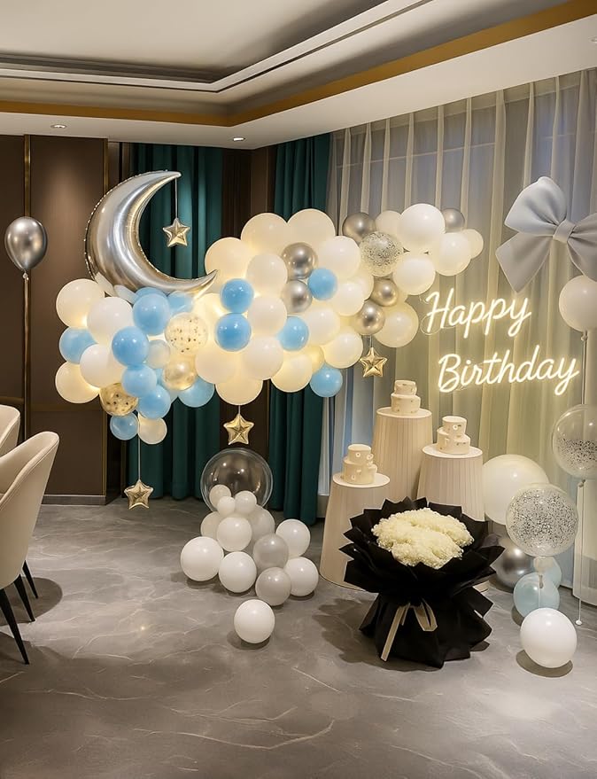 Blue White and Silver Balloons - Over The Moon Baby Shower Decorations with String Lights, Moon and Star Balloon for Boys Girls Twinkle Twinkle Little Star Gender Reveal Decorations
