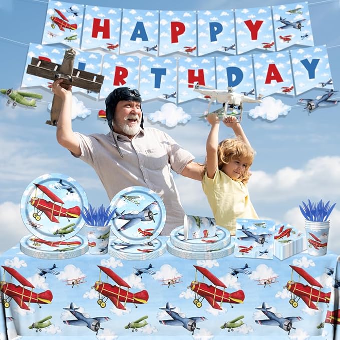 142pcs Airplane Birthday Party Decorations Airplane Party Tableware Supplies Airplane Blue Sky White Disposable Plates,Tablecloth,Napkins,Cups,Banner Forks and Knives For Kids Favors Serve 20 Guests