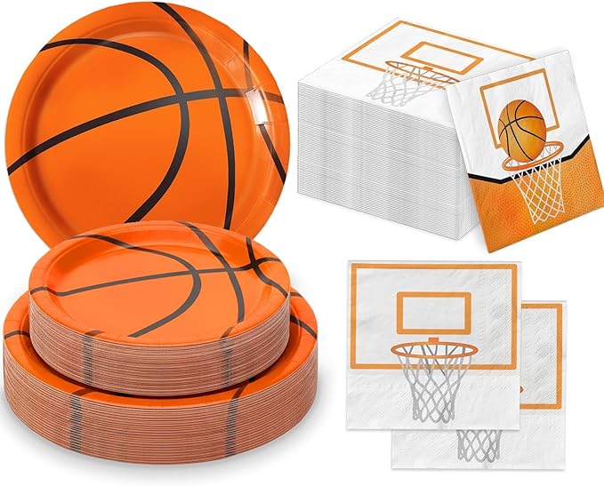 150 PCS Basketball Plates and Napkins Supplies - Dinner & Dessert Plates, Napkins for Basketball Birthday Party Decorations, Serves 50
