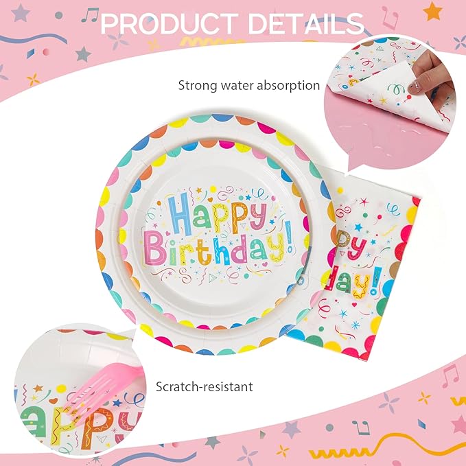 100Pcs Birthday Plates Party Supplies Happy Birthday Paper Plates Cups and Napkins for Baby Shower Kids Birthday Party Decorations, Serves 25