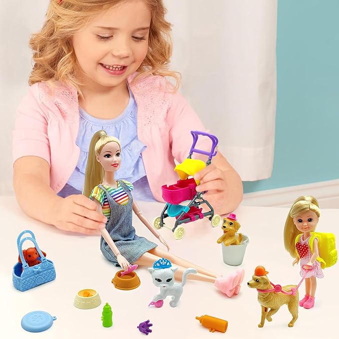 Dolls & Accessories Playset with Doll Transforming Stroller Dog Pet for Girls Ages 3-5-7-12 Birthday Gifts