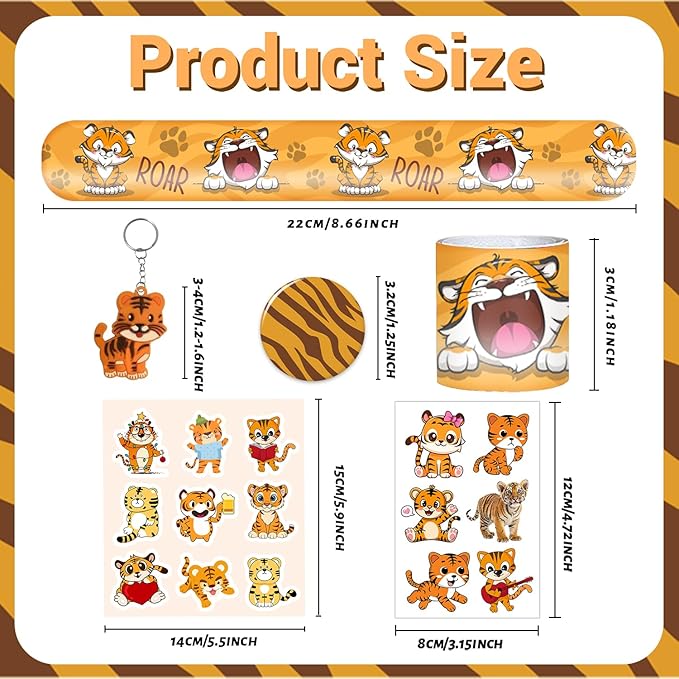 102 PCS Tiger Party Favors, Tiger Temporary Tattoos Slap Bracelets Keychains Stickers Badges for Jungle Safari Tiger Party Favors Birthday Party Decorations Supplies Gifts for Classroom Rewards