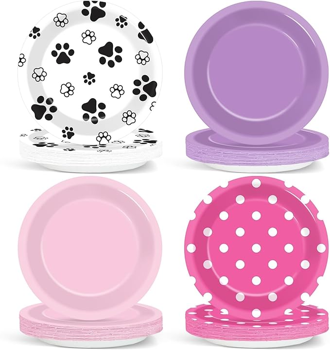48Pcs Pink Paw Print Party Paper Plates for Dog Birthday Party Decorations 7" Puppy Dog Girl Party Disposable Dessert Plates for Pink Dog Themed Girls Birthday Baby Shower Party Supplies Favors