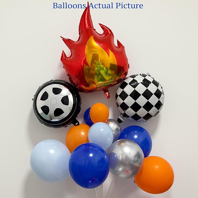 141PCS Blue Orange Race Car Balloon Arch Kit with Flame Foil Balloons, Monster Truck-Inspired Birthday Decorations, Tire Balloons, Racing Party Supplies for Boys, Balloon Garland Kit