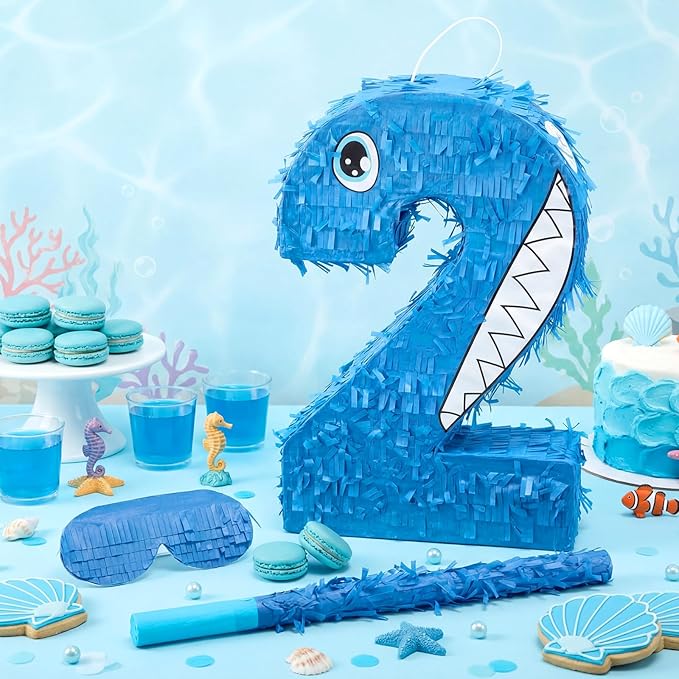 Blue Number 2 Piñata Shark Cartoon Party Decoration Summer Ocean Themed Piñata with Blindfold Bat and Round Confetti Shark 2nd Birthday Decor for Celebration Supply