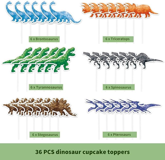 WERNNSAI 36 PCS Dinosaur Cake Toppers - Dinosaur Birthday Decorations Dino Cupcake Toppers Watercolor Happy Birthday Cupcake Topper Dino Cake Decorations