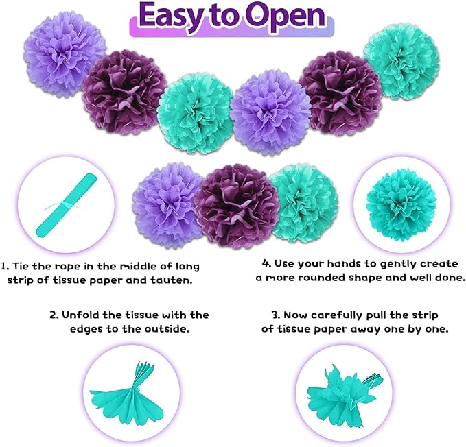Mermaid Birthday Decorations,Purple Teal Blue Party Decorations for Women Girls with Purple Teal Blue Balloons Happy Birthday Banner Teal Fringe Curtain Tissue Paper Pompoms Star Garland
