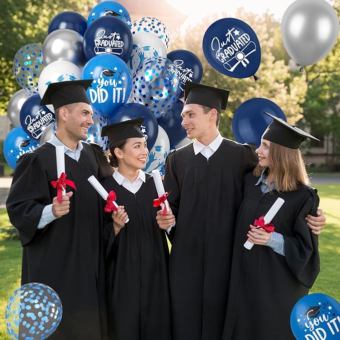 Graduation Party Decorations Balloons Set, 50PCS 12 Inch Blue White Silve Confetti Party Latex Balloon for Class Of 2025 Graduation Party Decoration Supplies