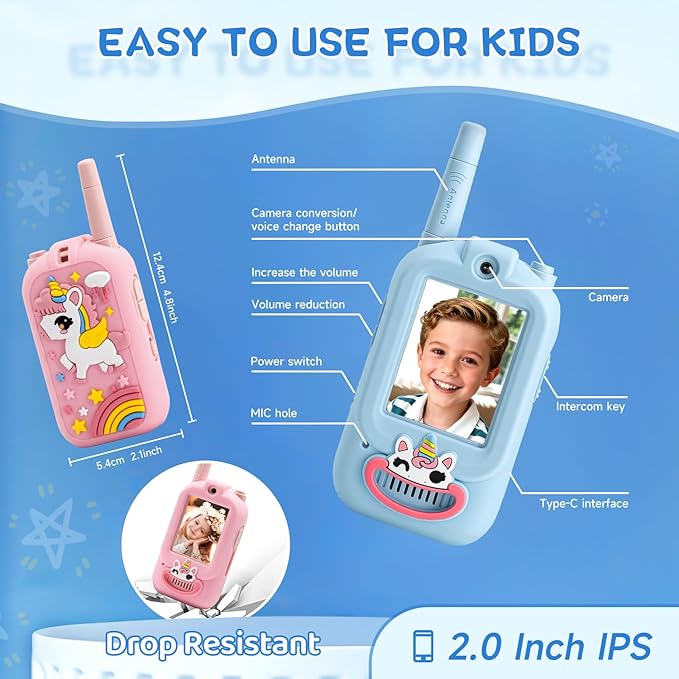 Video Walkie Talkies for Kids, Handheld 2 Pack Rechargeable Video Intercom Kids Walkies Talkies, Indoor Outdoor Toys for Family Games, Outside, Camping, Hiking for Boys Girls Ages 3-12 (New Blue/Pink)