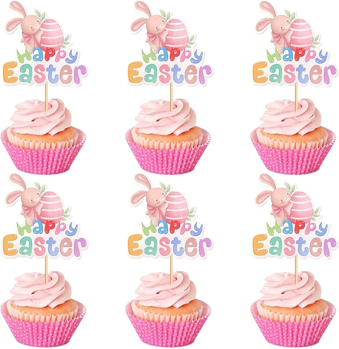 Ercadio 24Pcs Printed Happy Easter Cupcake Toppers Cute Easter Rabbit Eggs Cupcake Picks for Easter Baby Shower Kids Boys Girls Birthday Party Cupcake Decoration Supplies