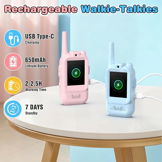 Video Walkie Talkies for Kids, 2 Pack Facetime Walkie Talkies with HD Camera & Voice Changer for Boys Girls for Family Games, Indoor, Outside, Hiking Christmas Birthday Toys Gift Ages 3-12 (Blue+Pink)