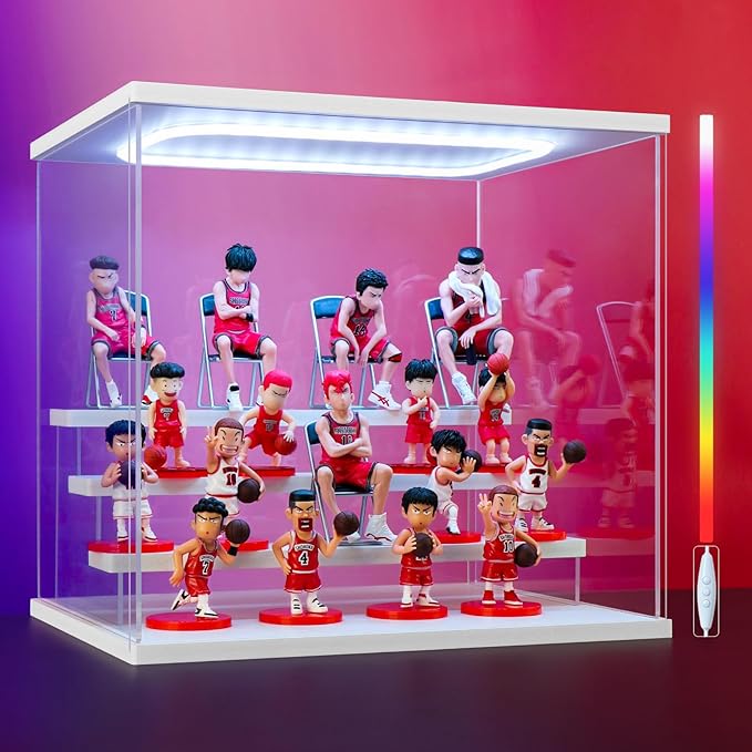 Clear Acrylic Display Case for Action Figure- Funko Pop Dustproof Showcase with Colorful Lighting, Multiple Layers for Collectibles(4 Tier-W*D*H-12.6"x9.4"x11.7"inches)