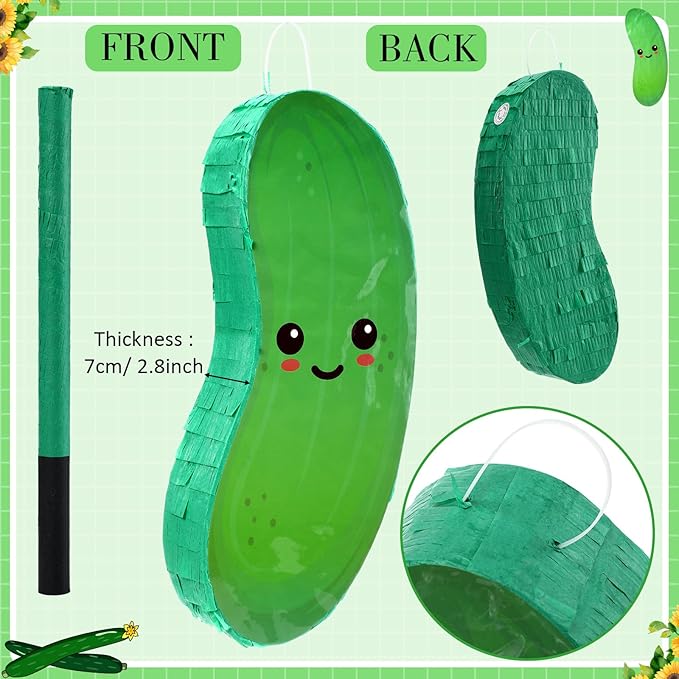 Pickle Piñata for Kids Birthday Party 15.7 x 6.7 x 2.8 Inches Cucumber Theme Piñata with Bat Blindfold and Confetti for Baby Shower Photo Props Cinco De Mayo Fiesta Decoration