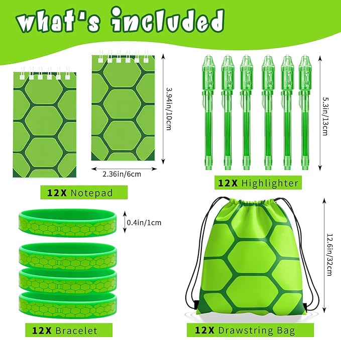 Green Turtles Party Favors, Ninja Theme Birthday Party Supplies & Goodie Bags for Kids, Include Drawstring Bags Notebook Silicone Bracelet Highlighter for Gifts Fillers