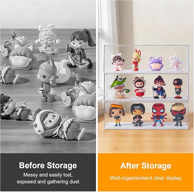 2 Pack Clear Acrylic Figures Display Case Stackable Box with Base, Dustproof Protector for Anime Figurine, Collectibles, Funko Pop, Model Cars - Home Office Display Showcase