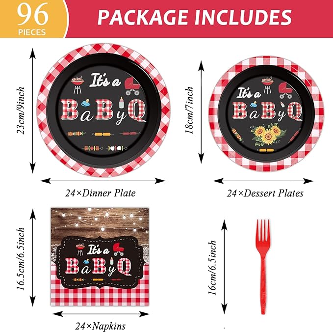Tevxj 96 PCS BBQ Baby Shower Plates Napkins BabyQ Party Tableware It’s A Baby Q Disposable Paper Plates Napkins Sunflower Rustic Barbecue Gender Reveal Baby Shower Party Decorations Supplies Favors