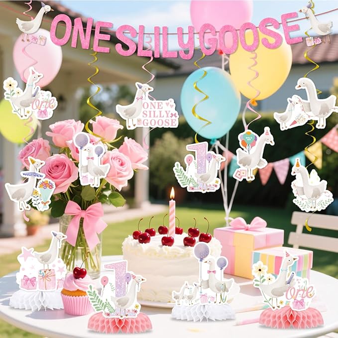 One Silly Goose Birthday Decorations Include One Silly Goose Glitter Banners Hanging Swirls Honeycomb Centerpieces Pink Silly Goose Birthday Baby Shower Theme Party Supplies for Boys Girls