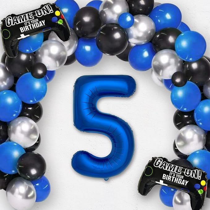 Navy Blue Video Game Party Supplies Boys 5th Birthday Party Decorations- 2 Packs Game On Balloons with Dark Blue Number 5 Balloon
