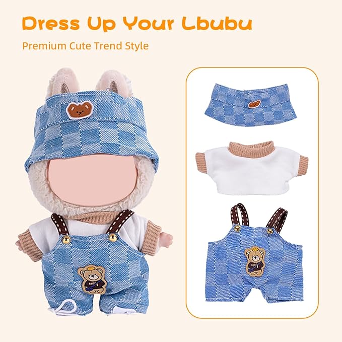 17cm Doll Clothes 5 Sets, Hat & Overalls Dress Up Outfit Compatible for Labubu 17cm 15cm Accessories, No Doll Included