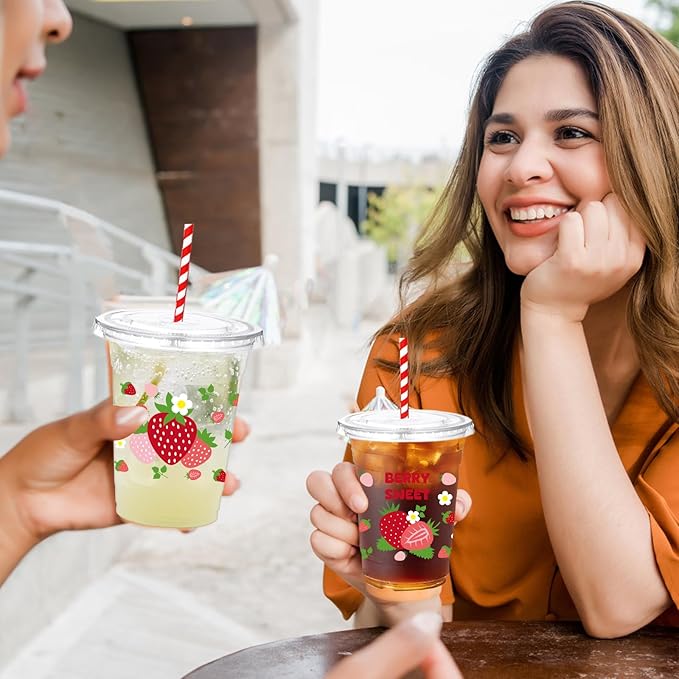 50 Pcs Strawberry Plastic Cups with Lids and Straws, 12 oz Strawberry Disposable Party Drinking Cups for Summer Spring Party Birthday Baby Shower Supplies
