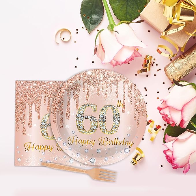 ZOIIWA 96 Pieces 60th Birthday Party Tableware Set for Pink Rose Gold 60th Paper Table Decorations Supplies Pink Rose Gold Happy 60 Birthday Dessert Plates Napkins Forks for 24 Guests Women Supplies