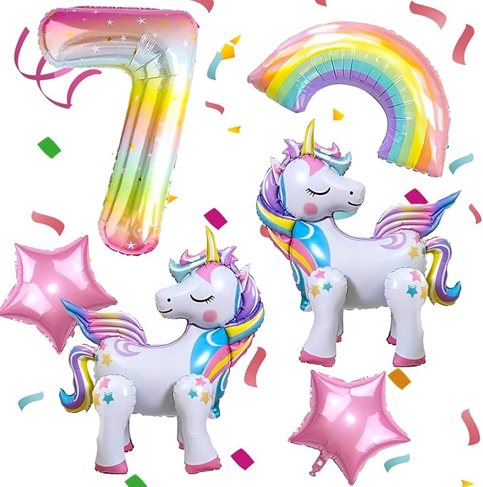 6PCS Self Standing Unicorn Balloons, Unicorn Balloon, Large Rainbow Balloon, Colorful Number 7 and Star Balloons for Girl 7th Birthday Party Decorations Supplies.(7th)