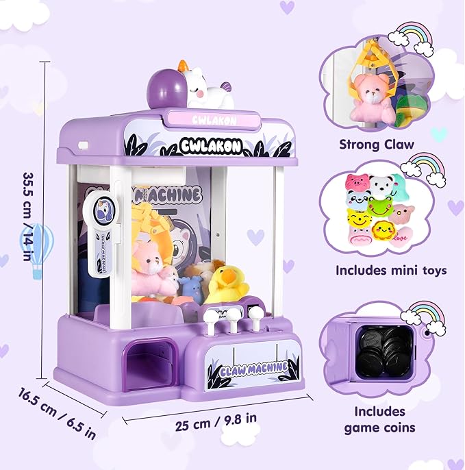 CWLAKON Claw Machine for Kids, Mini Vending Machine Unicorns Toys with Sound for Girls Age 3+, Candy Grabber Prize Dispenser Machine Arcade Games with Mini Plush Toys, Christmas Birthday Gifts