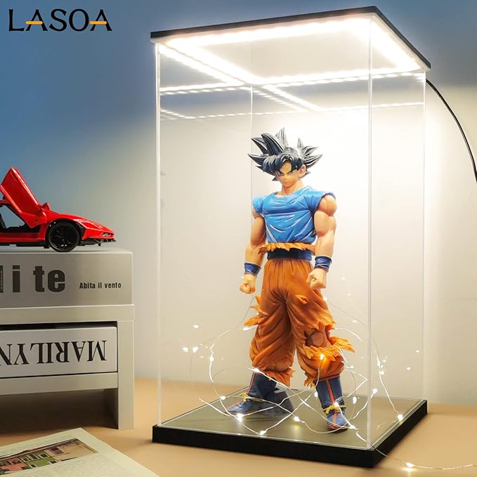 LASOA Acrylic Display Case with Warm Color Changing LED Light, Clear Display Box for Action Figures and Collectibles, Self-Assembly Dustproof Showcase with Black Base, 9.8x9.8x9.8inch