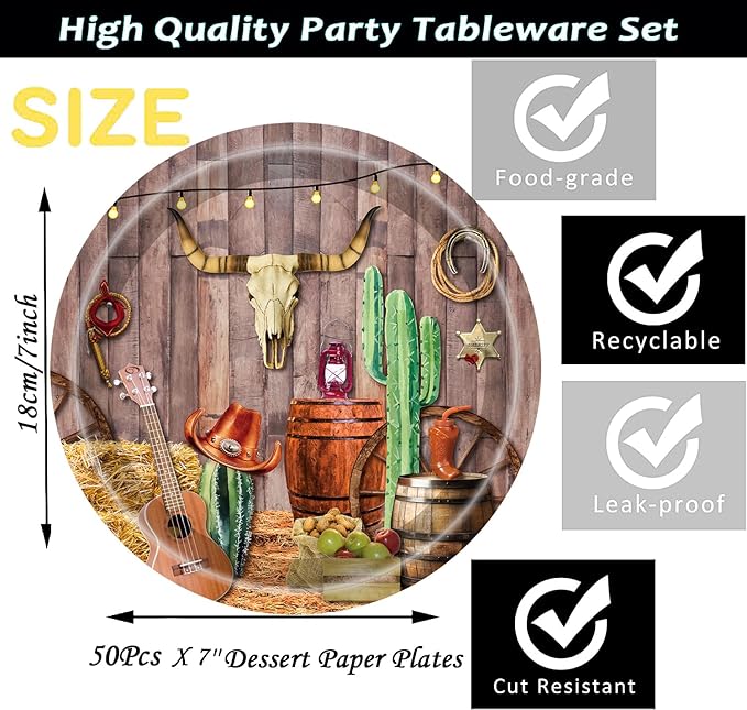 50Pcs Western Party Plates Western Cowboy Party Supplies 7"Wild West Dessert Paper Plates Wood Grain Plates Western Cowboy Theme Baby Shower Camp Fire Camping Barn Wild West Birthday Party Decor