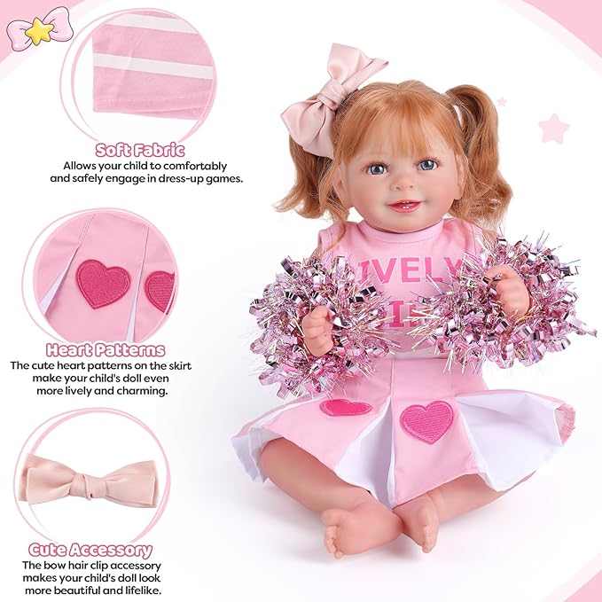 BABESIDE 4 Pcs Reborn Baby Doll Clothes Set for 17-22 Inch Dolls Girl, Heart Pattern Babydoll Skirt with Bow Hair Clip and Diaper fit Realistic Baby Doll Accessories , Pink