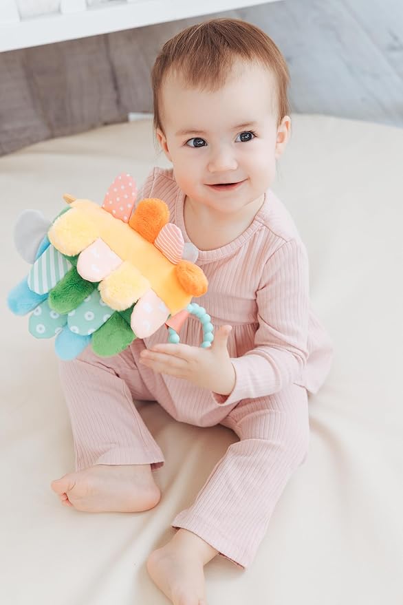 Pearhead Hedgehog Montessori Sensory Toy, Soft Plush Lovey with Crinkle Tabs and Silicone Teether for Babies 0m+, Early Development Easter Basket Gift
