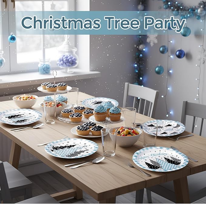 60 Pcs Blue Christmas Paper Plates 9 Inch Xmas Buffalo Plaid Gingham Tree Snowflake Disposable Plates Merry Christmas Tree Themed Tableware for Holiday Xmas Winter Party Decorations Supplies