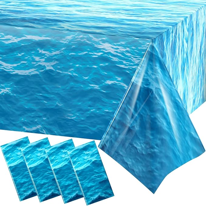 Irenare 4 Pieces Ocean Waves Plastic Tablecloth 54 x 108 Inch Ocean Table Cover Water Print Table Cover Sea Tablecloth Blue for Beach Pool Birthday Party Decoration Shower Supplies