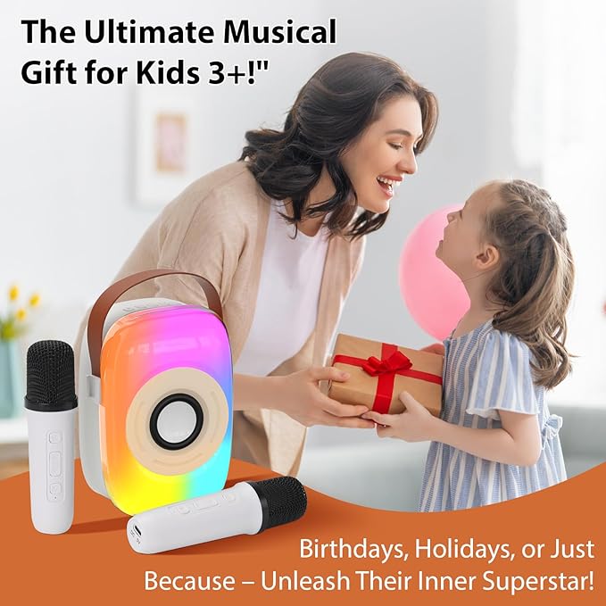 Kids Karaoke Machine, Bluetooth Mini Portable Karaoke Machine, with 2 Wireless Microphone and Speaker, Toys for All Smartphones, Birthday, Family, Home Party (White)
