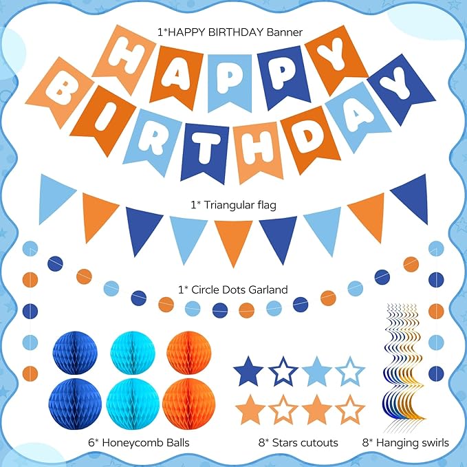 Happy Birthday Decorations for Boys, Blue and Orange Birthday Banner with Honeycomb Balls, Stars Hanging Swirl Streamers, Circle Dots Garland for Birthdays Party Supplies